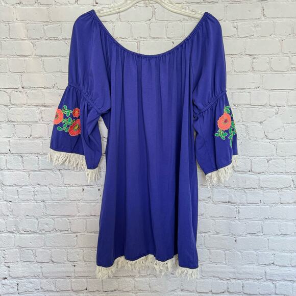 Umgee Wms Large Purple Off Shoulder Mini Dress Embroidered Flowers Boho Peasant - Picture 11 of 11